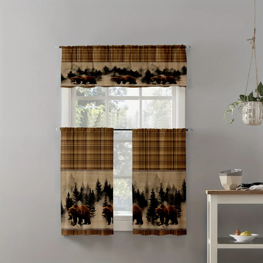  Plaid Misty Forest Brown Bear Print Kitchen Curtain Set, Rod Pocket Tiers for Rustic Cabin Lodge Kitchen Home Decor