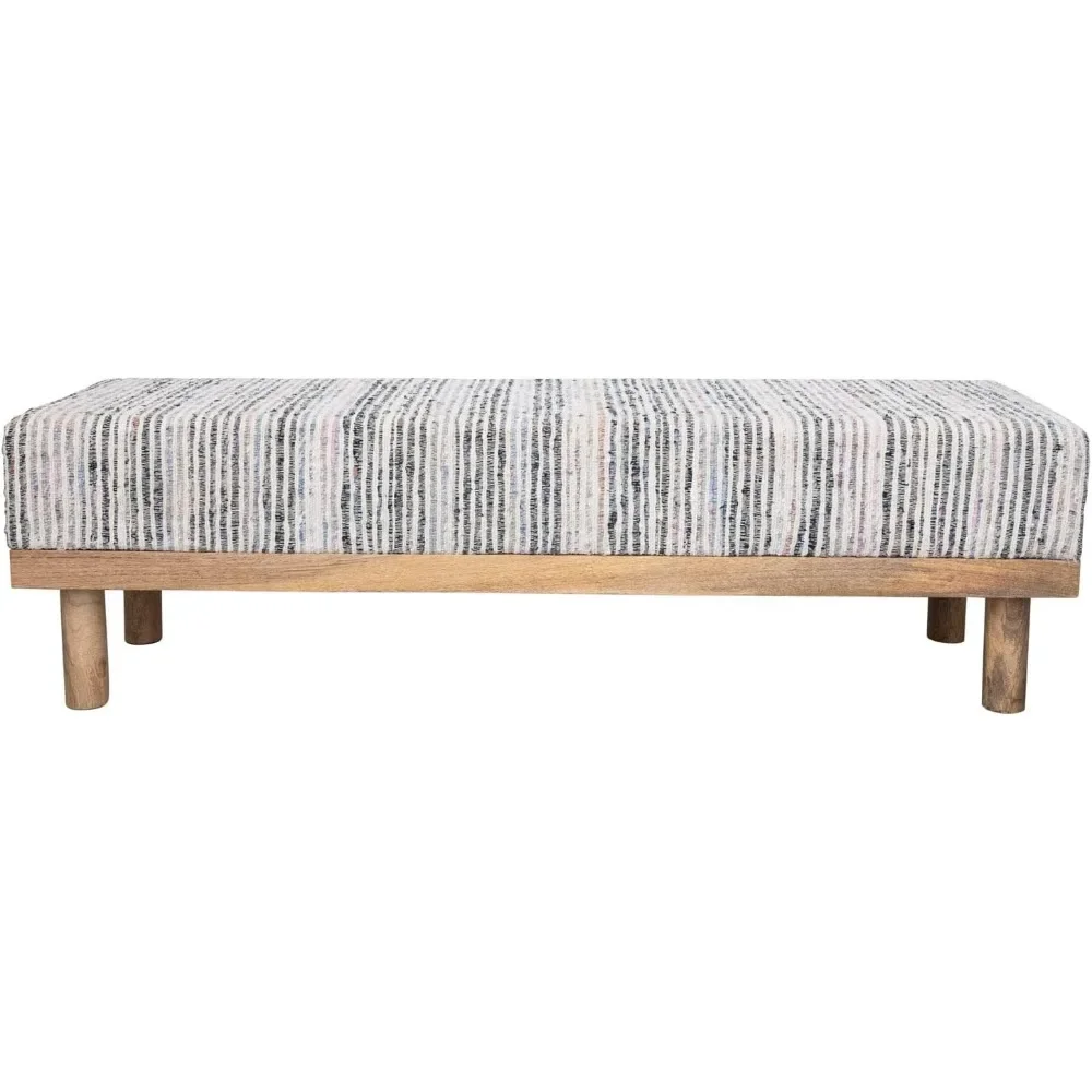 

Mango Wood Upholstered Woven Cotton Top Bench, 60" L X 20" W X 18" H||