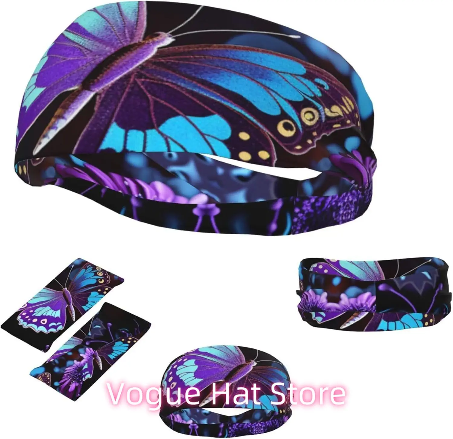 

Sports Headband for Men Women Moisture Wicking Athletic Sweatband Purple Butterfly and Flowers Workout Sweat Bands Non Slip Head