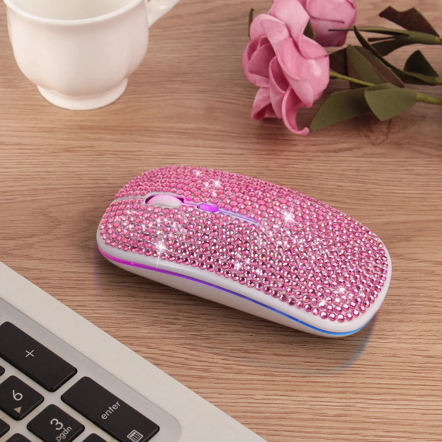 

Pink Bling Rhinestone Dual Mode Wireless Mouse 2.4G & Bluetooth Rechargeable Silent Click 7 Colors LED for Women Computer Laptop