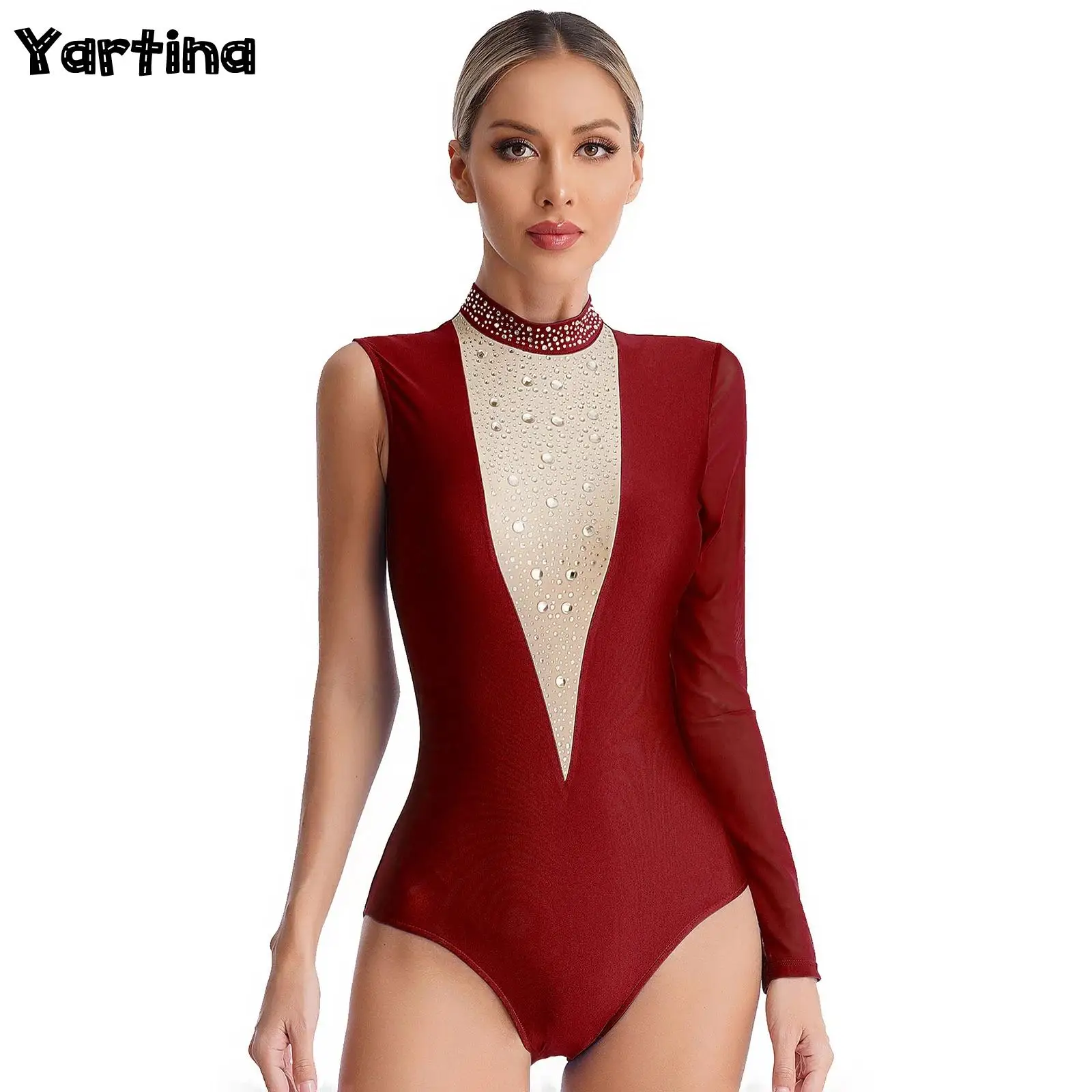 

Womens Sparkly Rhinestones Gymnastics Figure Skating Dance Leotard Costume One Shoulder Long Sleeve Ballet Jersey Bodysuit