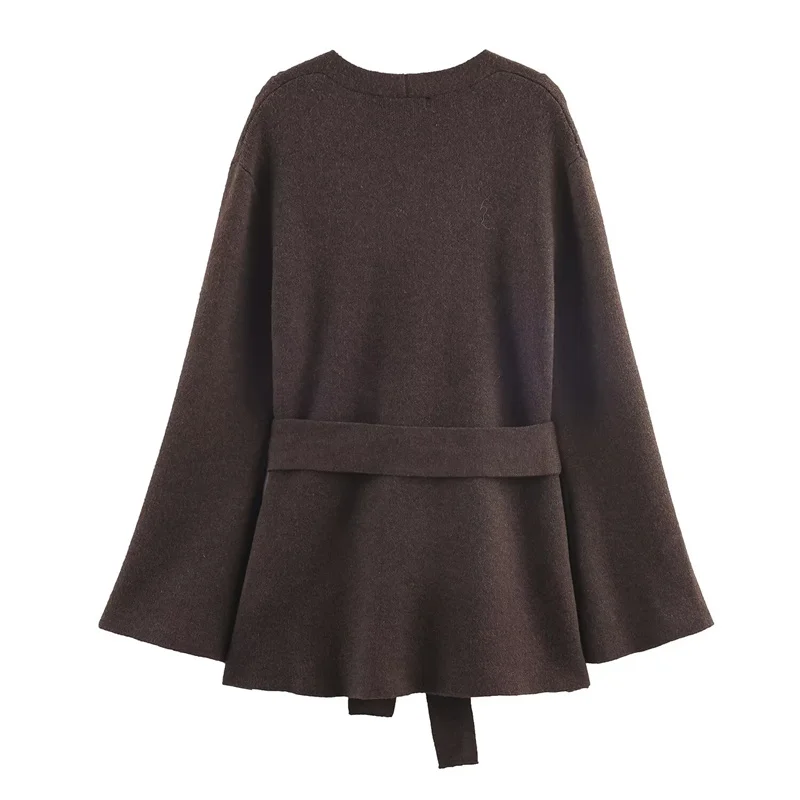 Женское пальто 2025, новинка зимы, темно-коричневый вязаный кардиган с длинными рукавами и поясом, стильный и элегантный