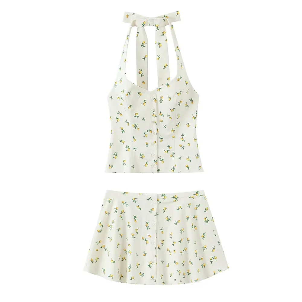 

2025 New Women's Casual Elegant Design with European and American Style Bow Lemon Hanging Neck Top&Short Skirt Set