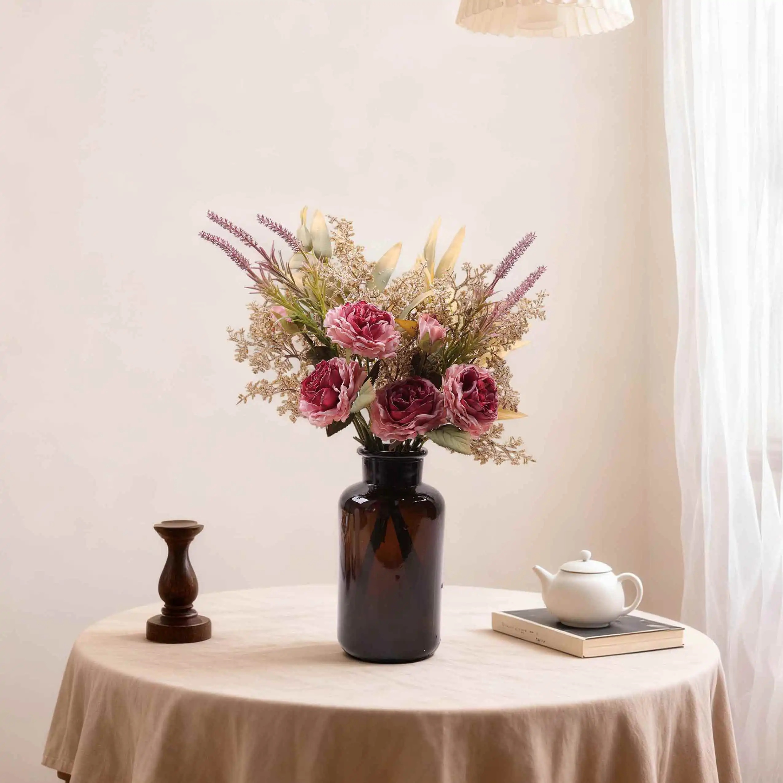 

Европейский ретро-букет из искусственных роз и сухоцветов, имитация пионов с обожженными краями, декор для дома и комнаты, цветочные настенные аксессуары