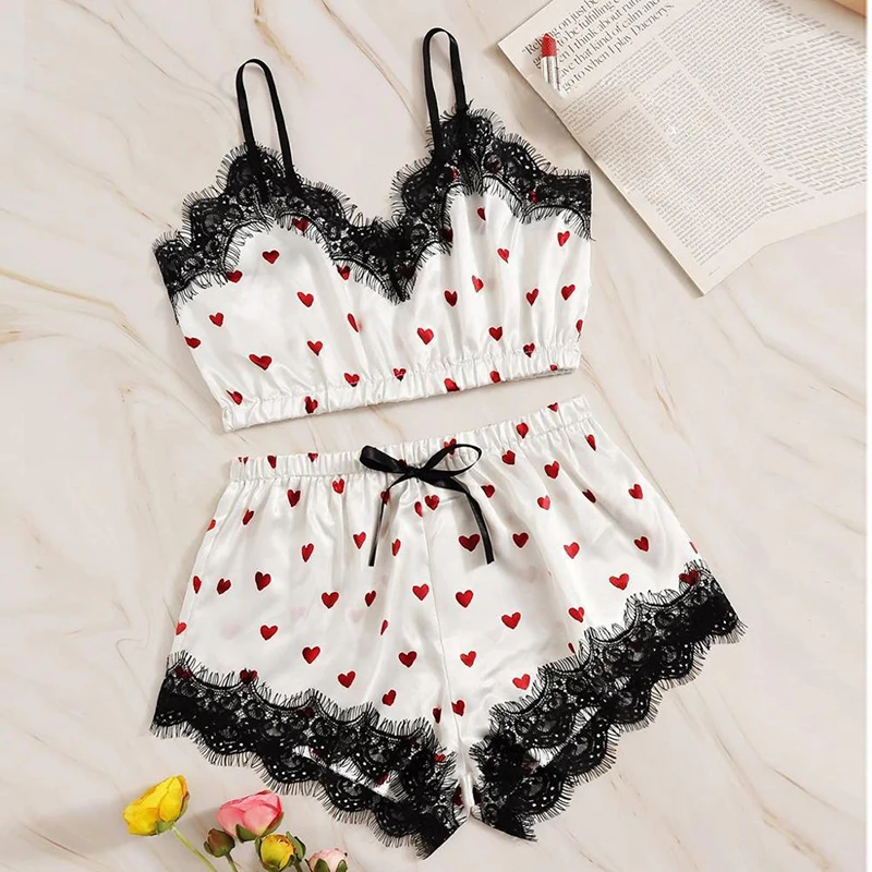 Women\'s 2PCS Summer New Fashion Pajamas V-Neck Stretch Satin Lace Sexy Cute Girl Love Suspenders Shorts Pajamas Comfortable Set