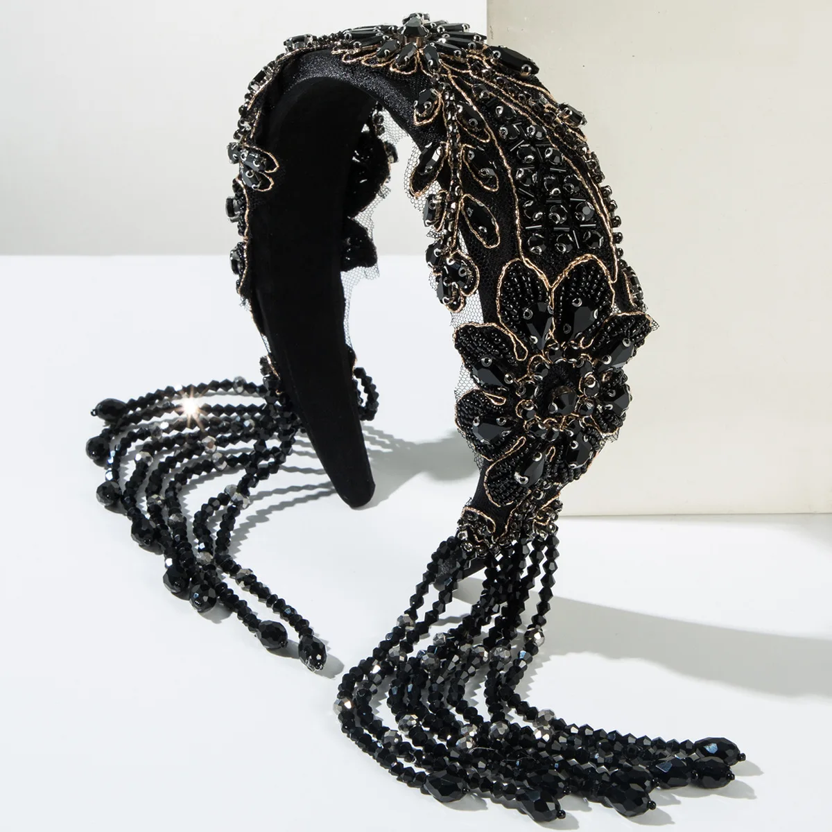 

Fashion court style black diamond fringed headband heavy industry full diamond bead crystal retro light luxury ball hair accesso