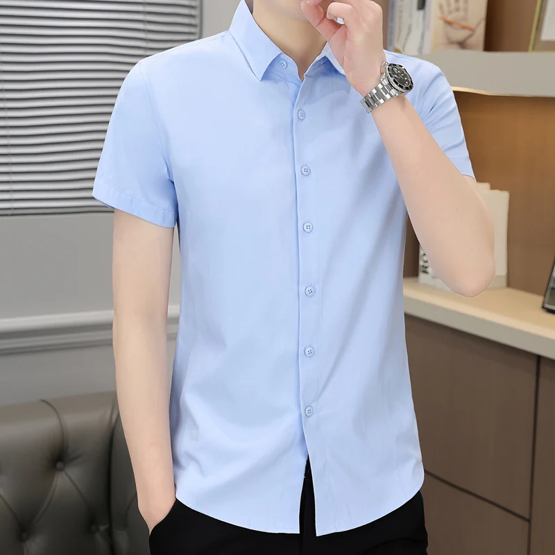 Summer Men\'s Clothing Turn-down Collar Solid Color Button Short Sleeve Cardigan Shirt Business Boyfriend Office Lady Tops