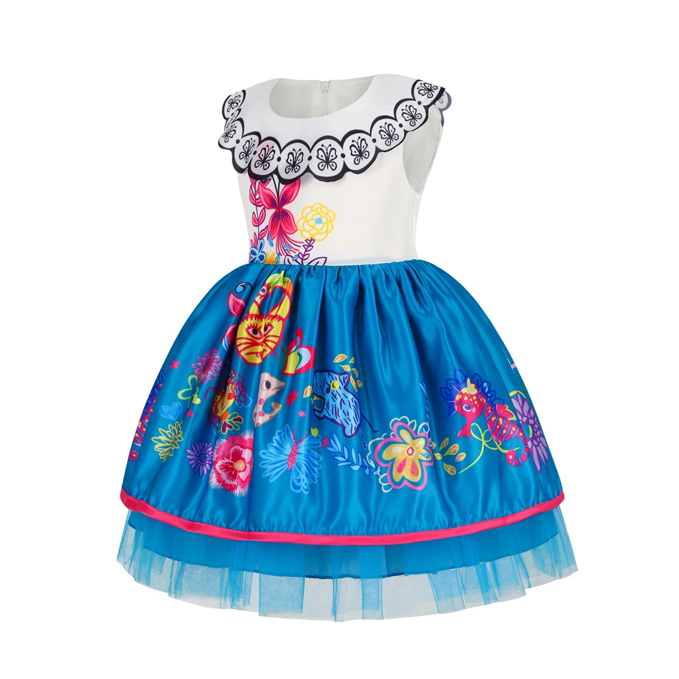 Girls Mirabel Dress Colorful Floral Animal Print Ruffle Collar Mesh Hem Birthday Party Halloween Cosplay Casual Twirl Dress
