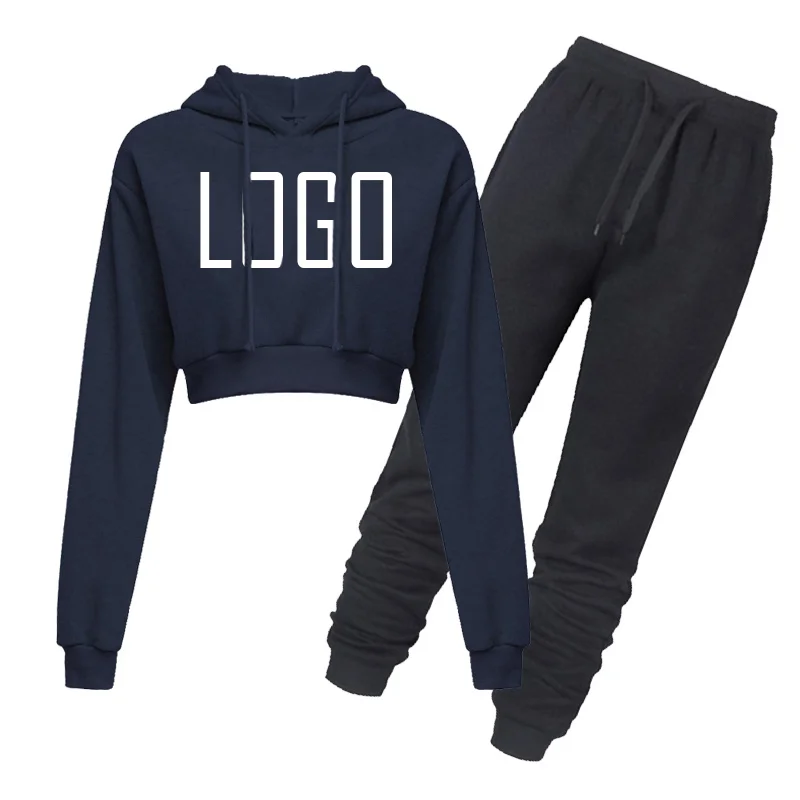 Custom Your Logo Women Solid Crop Top Hoodied Fleece Clothing Long Sleeve Drawstring Pants Tracksuit 2 Pieces Set Outdoor