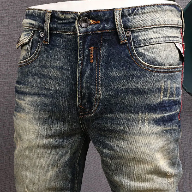 Italian Style Fashion Men Jeans Retro Washed Blue Stretch Slim Fit Ripped Jeans Men High Quality Vintage Designer Denim Pants