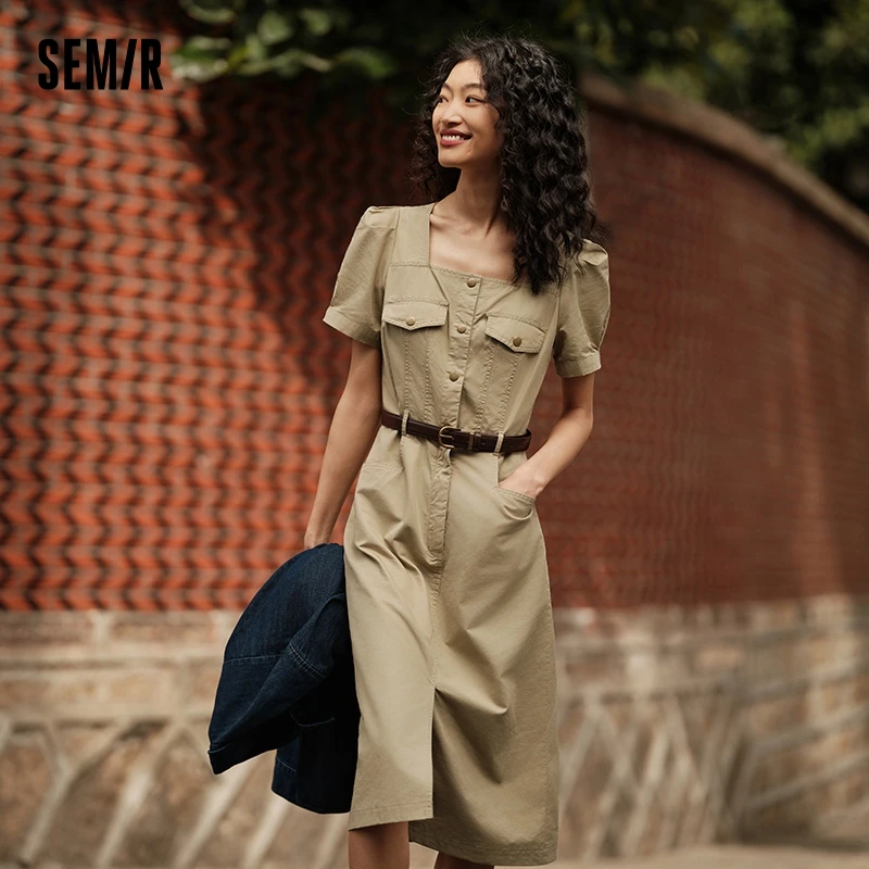 Semir Dress Women Square Neck Split Midi Dress 2024 Summer New Salt-Washed Utility Dress With Vintage Vibes