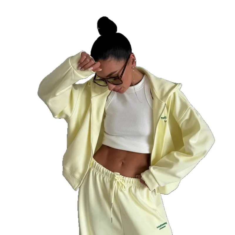 

Новый свитер с капюшоном Lazy Wind, женская нишевая куртка, прямые брюки, комплект из двух предметов, простой осенний стиль в европейском и американском стиле