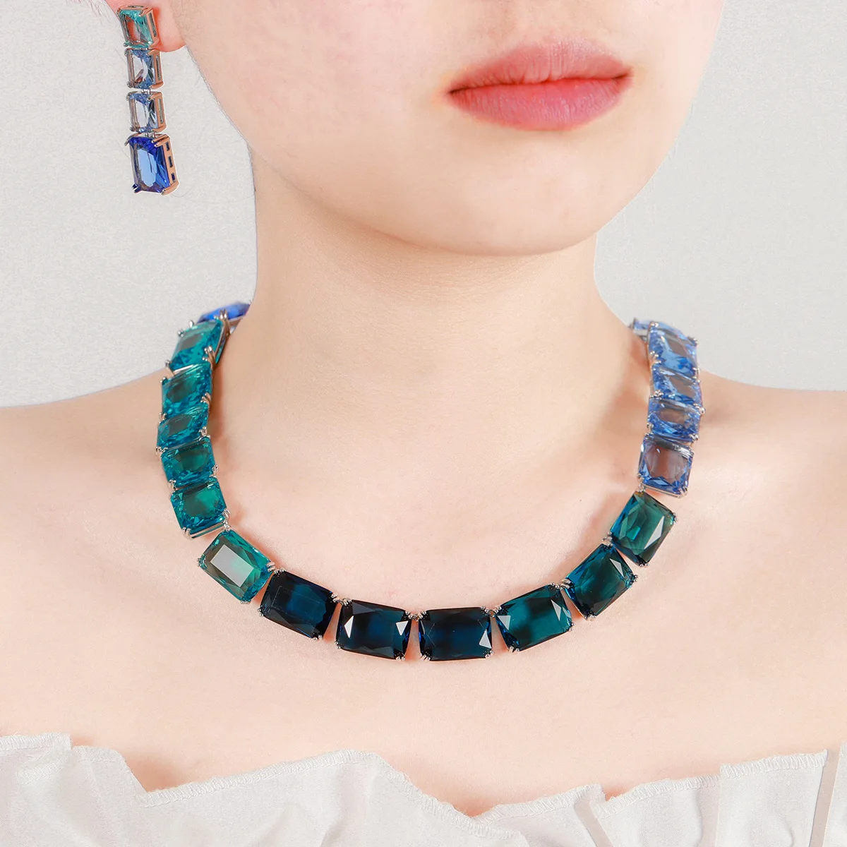

New Original Polygonal Cut Crystal Necklace Earrings Bracelet Ring Luxury Brand Jewelry Set for Women Two-Piece Set High-Quality