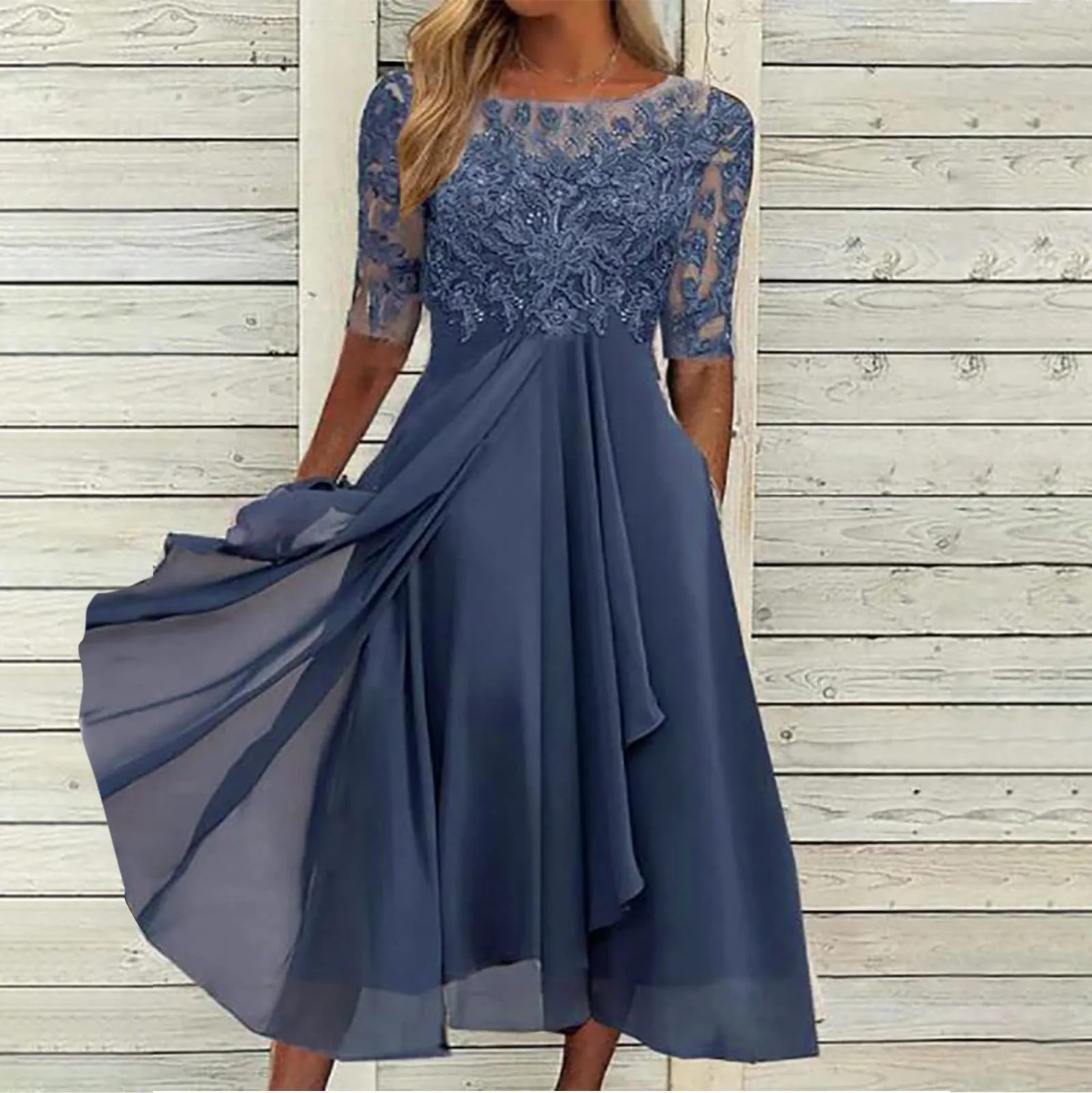 Dresses For Women Elegant Lace Chiffon Flowy Dress Evening Party Gown Half Sleeve Lace Chiffon Dress платье женское Feminina