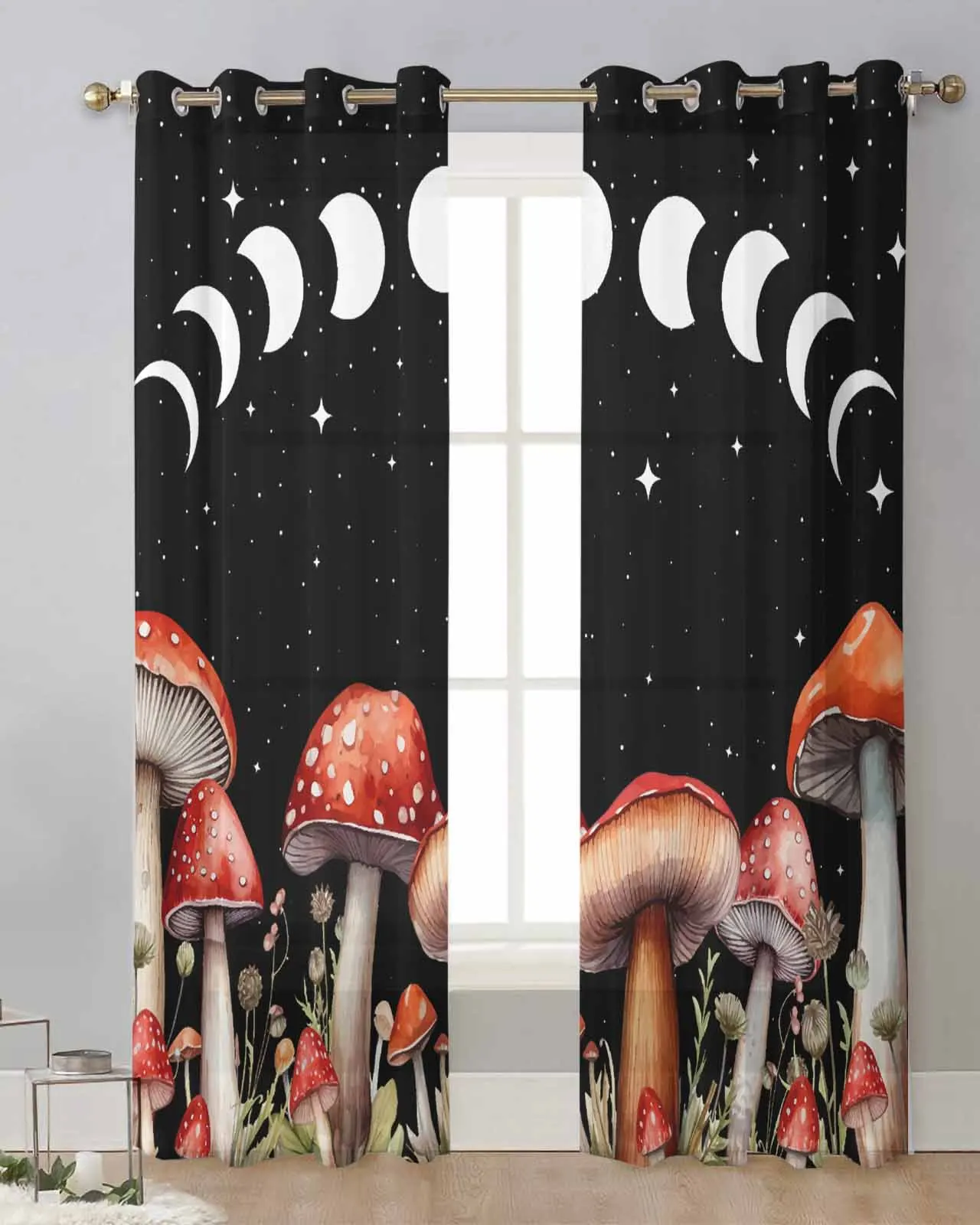 Mushroom Watercolor Starry Sky Moon Retro Style Tulle Curtains Living Room Sheer Window Treatments Voile Drapes with Grommets