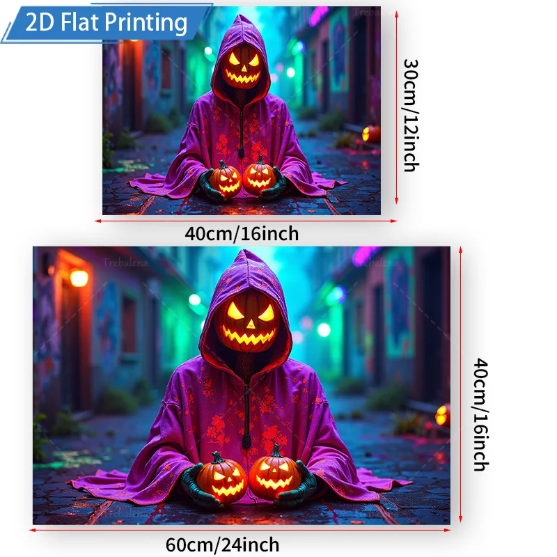 قطعة واحدة من نسيج الحائط للهالوين على شكل يقطين شبح - روح بقلنسوة أرجوانية مع فوانيس جاك أو، مشهد زقاق داكن