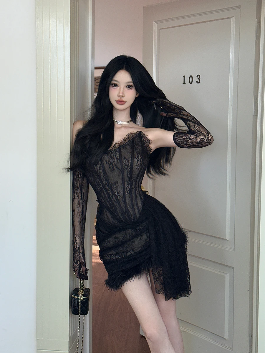 RORIRI เซ็กซี่ Sheer Lace Mini Dress ผู้หญิง Fluffy Spliced จีบ Ruched Slim Boned Corset ชุดเข้ารูปชุดราตรีวินเทจเสื้อผ้า
