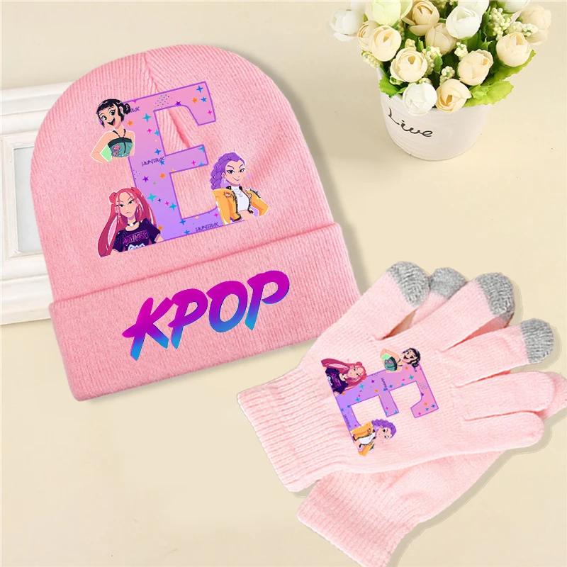 2 pçs kpop demônio caçadores chapéu de malha luvas terno dos desenhos animados carta impressa malha chapéus luvas conjunto crianças inverno acessórios quentes