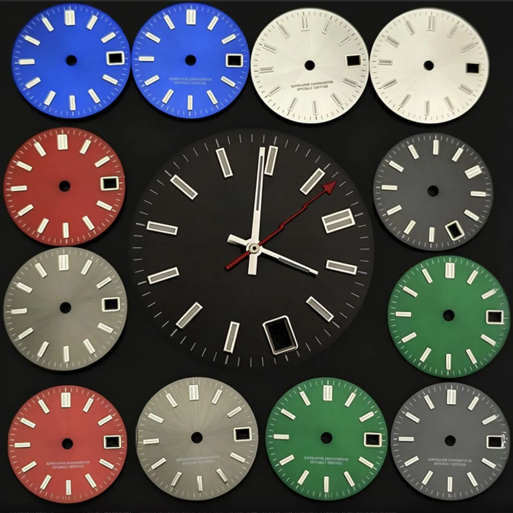 28.5mm Sterile Silver Nail Watch Dial Faces Set - Black Red Green Blue Compatible with NH35A NH35 Movement Date Window Included