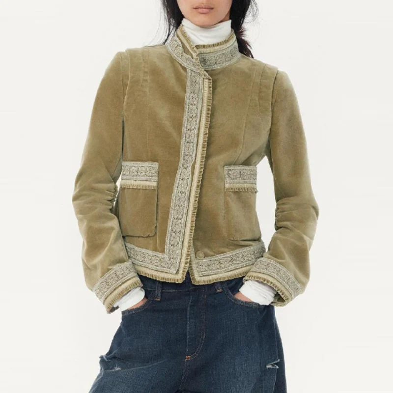 

Женская винтажная куртка с накладными карманами, кружевная, шикарная, модная, трендовая, в стиле ретро, дизайнерская, осенняя, в стиле бохо, теплая, уличная одежда