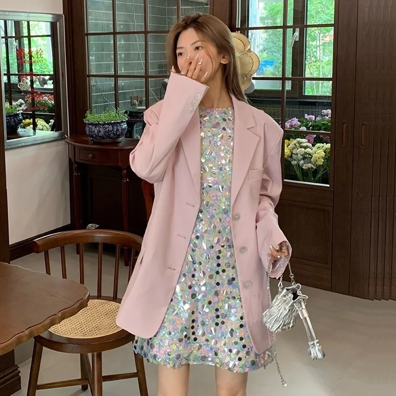 

Spring Women Korean Thin Blazers Coat Casual Notched Collar Long Sleeve Single-breasted Suit Jacket Female Loose Chaqueta Mujer