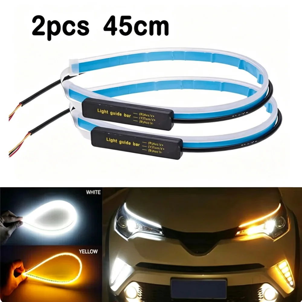 

2PCS 45cm Car LED DRL Daytime Running Light Headlight LED Strip Brake Turn Signal Light Turning Guide Light Bar White Yellow