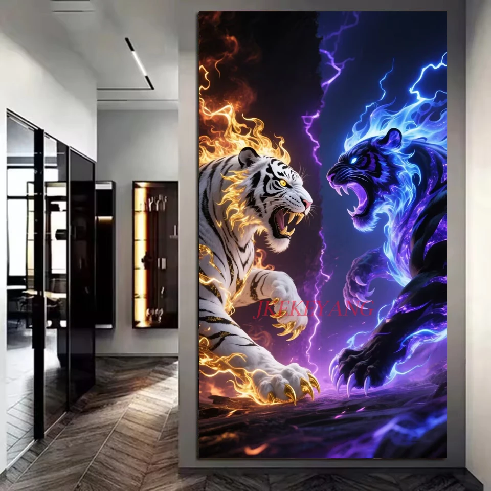 

Roaring Tiger Battle Diamond Art Full Square Round Diamond Painting Mosaic 5D Diy Cross Stitch 100x200cm Large Size For Wall Art