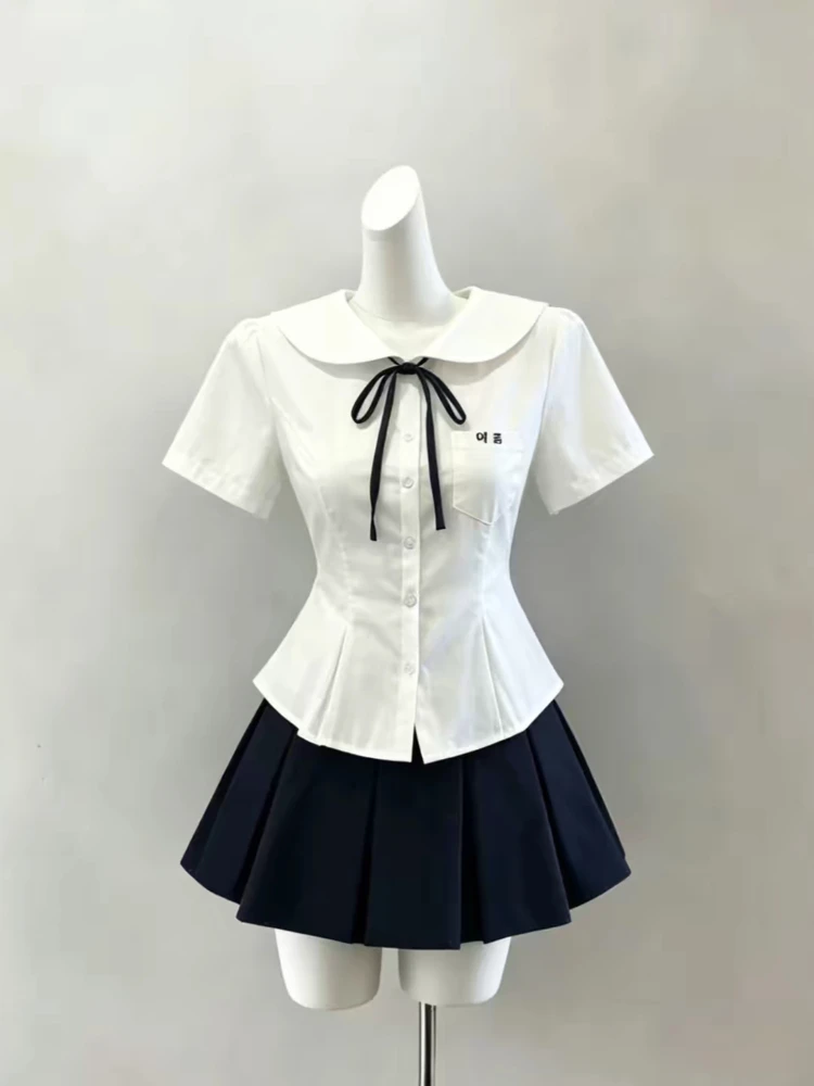 Peter Pan Collar Simple Office Lady Set Shirt Preppy Style Minority Casual Slim Two Pieces Short Pleated Suit Skirt