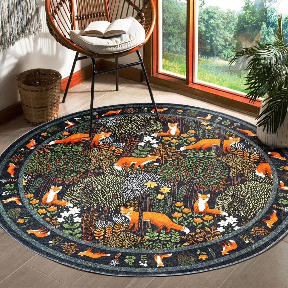 Round Fox Forest Carpet with Orange Red Foxes Nature Theme Kids Room Decor Bedroom Area Rug Soft Floor Mat Home Decor Gift