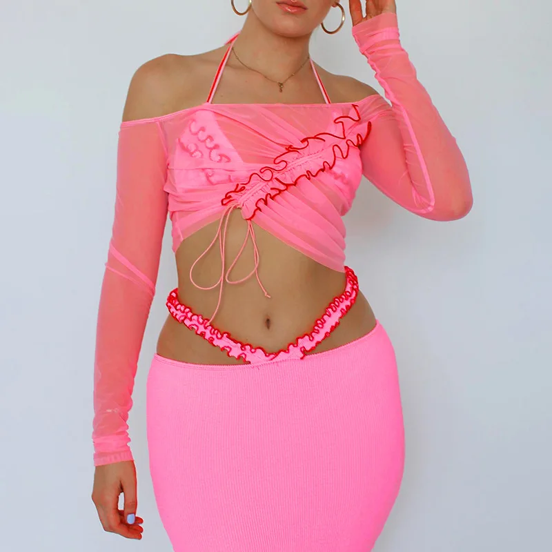 European And American Style Mesh Solid Color Transparent Sexy Belted Long Sleeve Slim Short Women Top