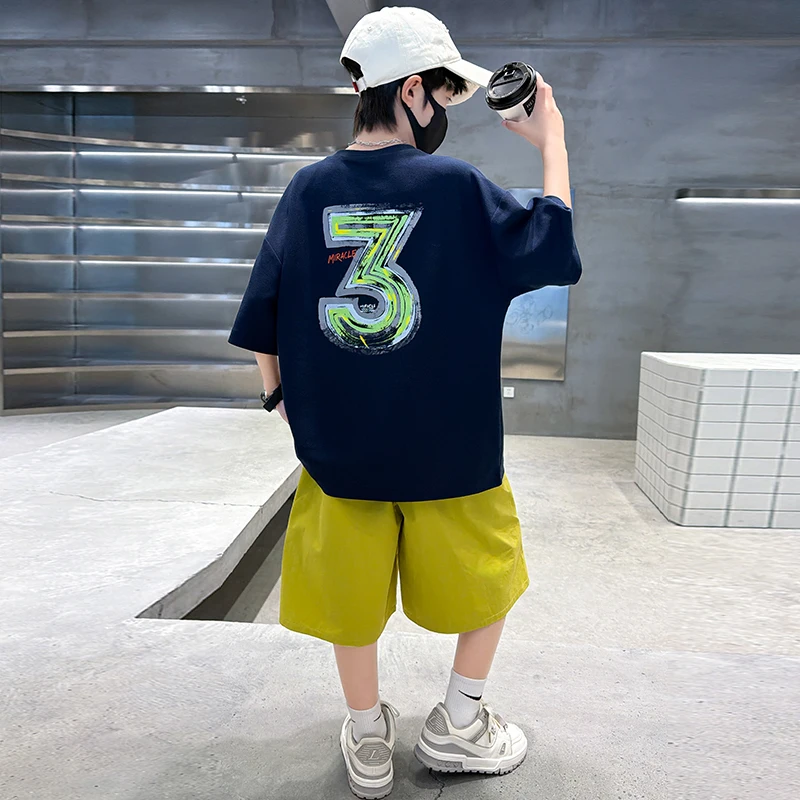 

Summer Boys Cotton Number 3 Print T-Shirt Tops and Bottom Shorts Clothing Sets School Kids Tracksuits Child 2PCS Outfits 7-14Yrs