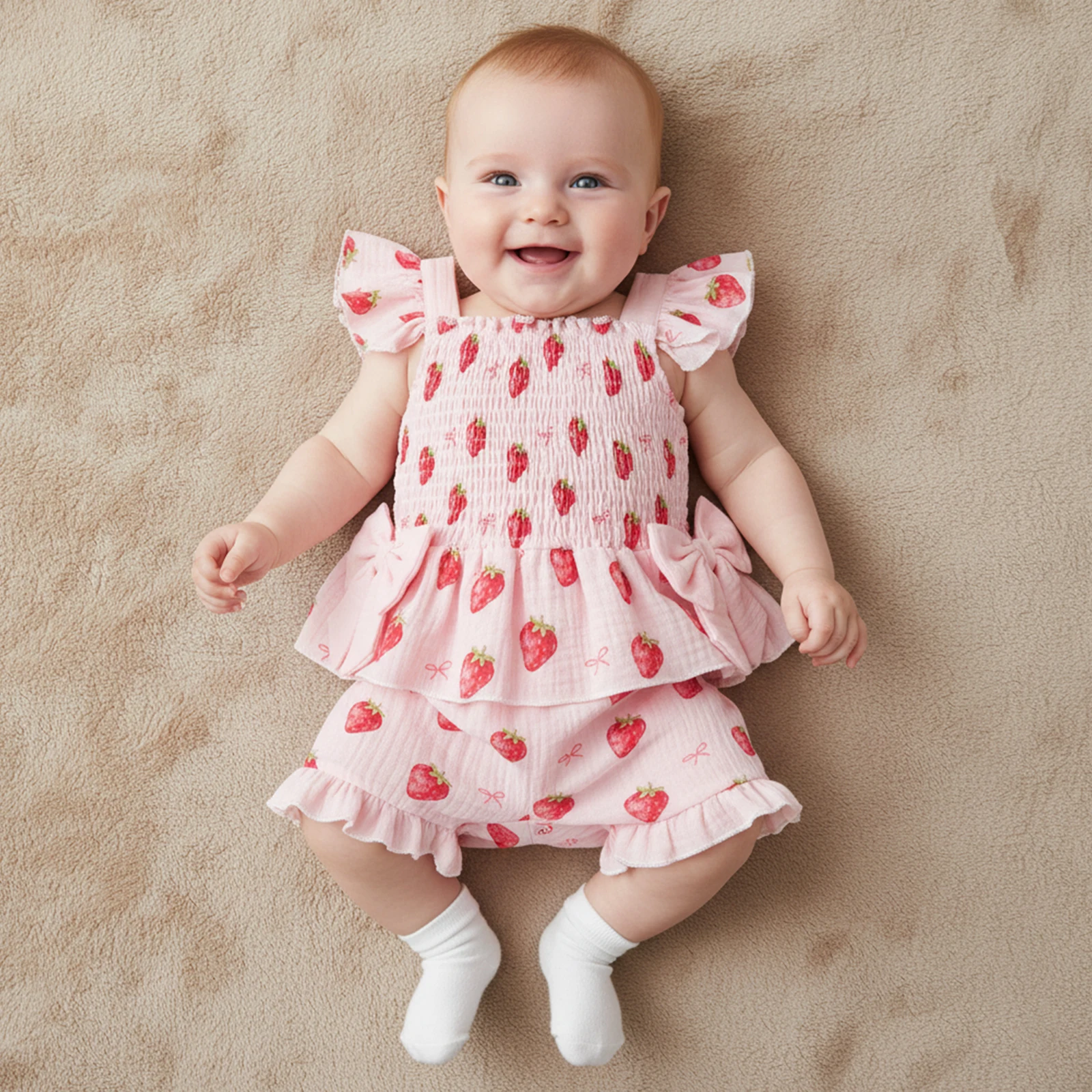 Summer Toddler Kids Baby Girls Clothes Sets Strawberry Print Ruched Bowknot Tanks Tops+Ruffles Shorts Holiday Beach Outfits