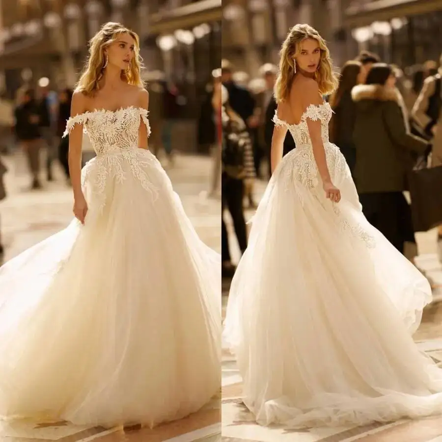 

Ful Beach Wedding Dresses Off The Shoulder Lace Appliqued Bridal Gowns A Sweep Train Tulle Robe De Mari E