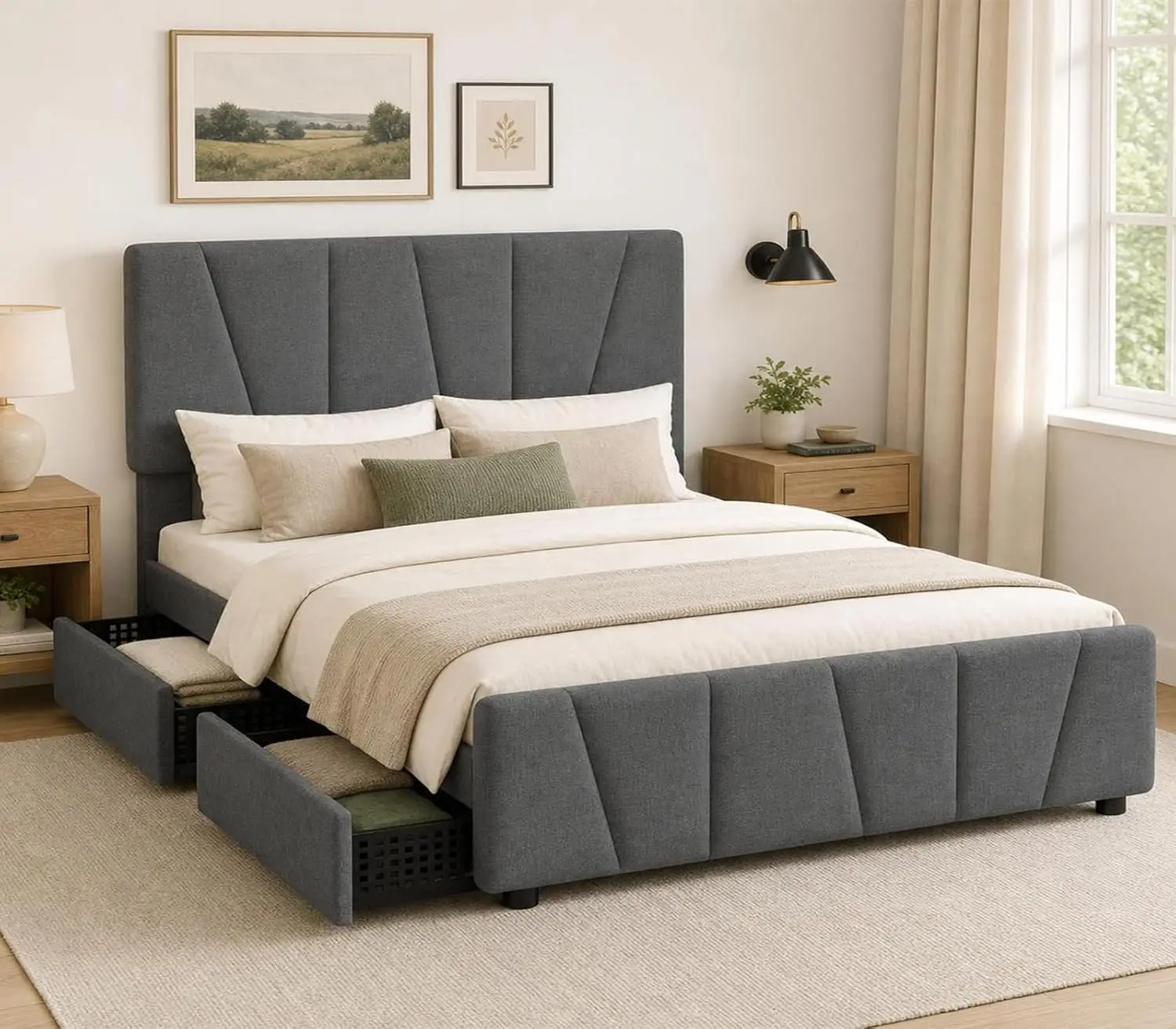 Nordic High End King Size Bed Bases & Frame Modern Design Bedroom Bed Storage Bedroom Furniture with Headboard & 4 Storage Drawers Adjustable Headboard, Upholstered Footboard , Anti-Squeaking Wooden Slats