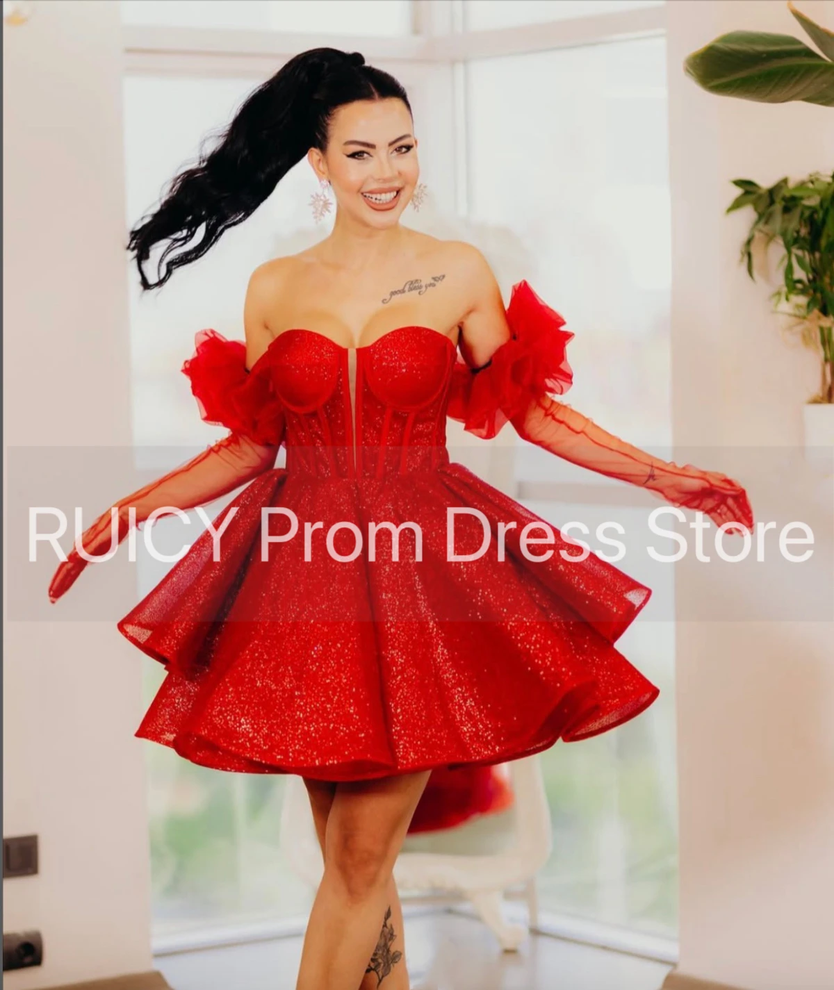 2025 Customized Red Short Prom Dresses Sequined With Detachable Sleeve Sweetheart Turkey Mini Homecoming Party Dresses For Girls