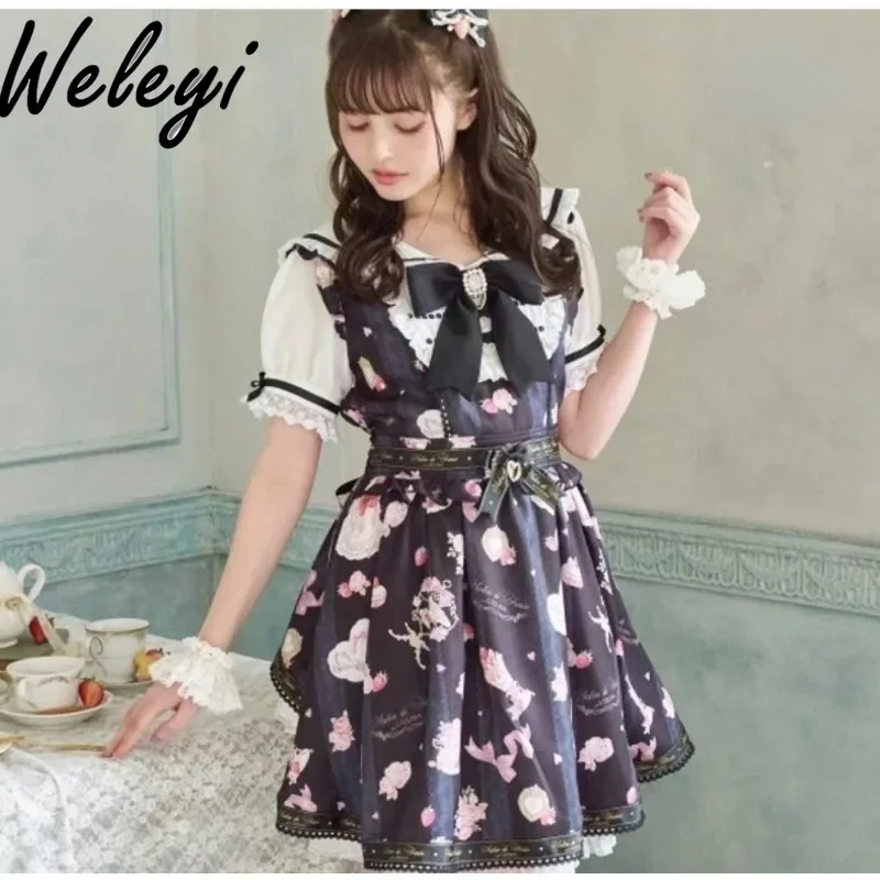 Kawaii Jirai Kei Rojita Dress Women's 2024 Spring and Summer Bow Sailor Collar Strawberry Cake Flower Handle Long Sleeve Dresses