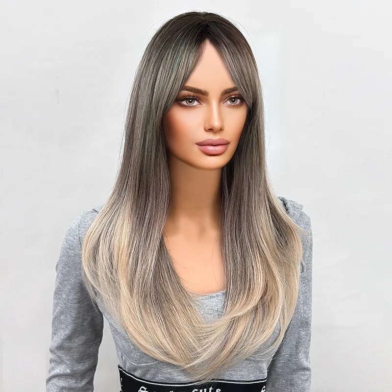 شعر مستعار طويل مستقيم متدرج ذهبي، مظهر طبيعي، شعر مقاوم للحرارة مناسب للحفلات والاستخدام اليومي