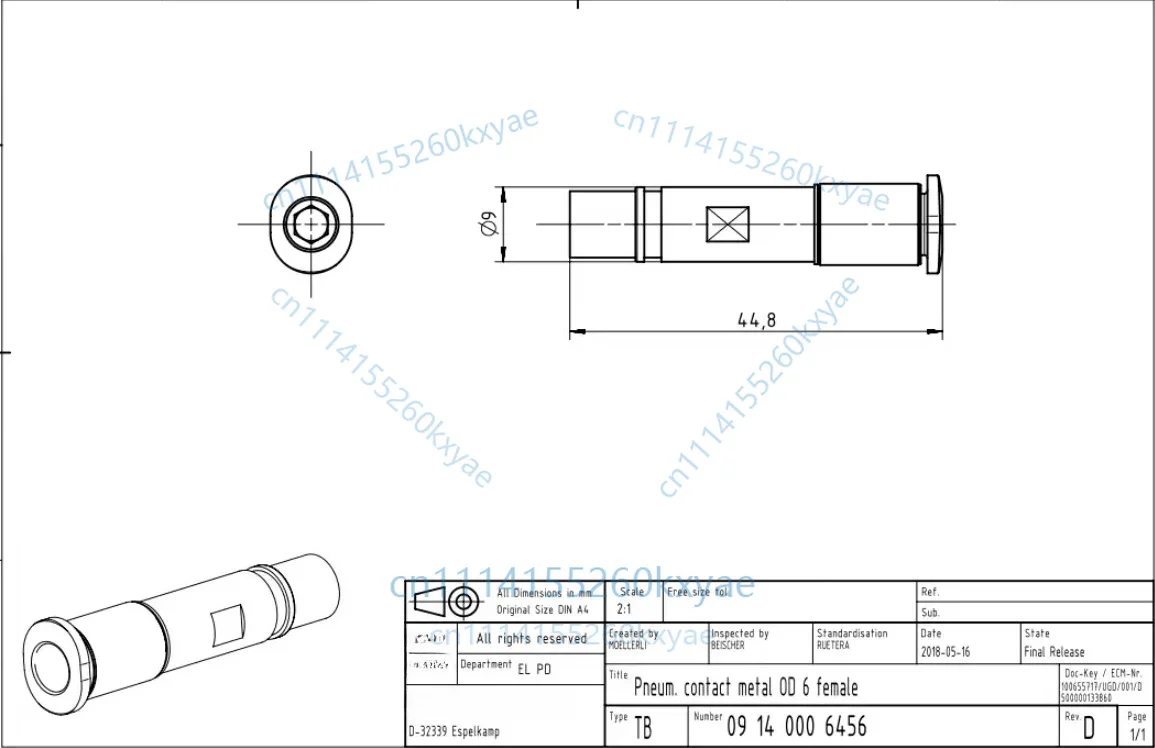 1pc 09140006456 6.0 female metal air needle straight without check valve accessories