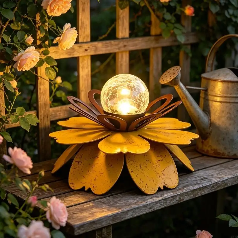 

Metal Solar Flower Light Crackle Glass Solar Lamp for Flowerbed Lawn Patio Porch Pathway Pond Decoration M4YD