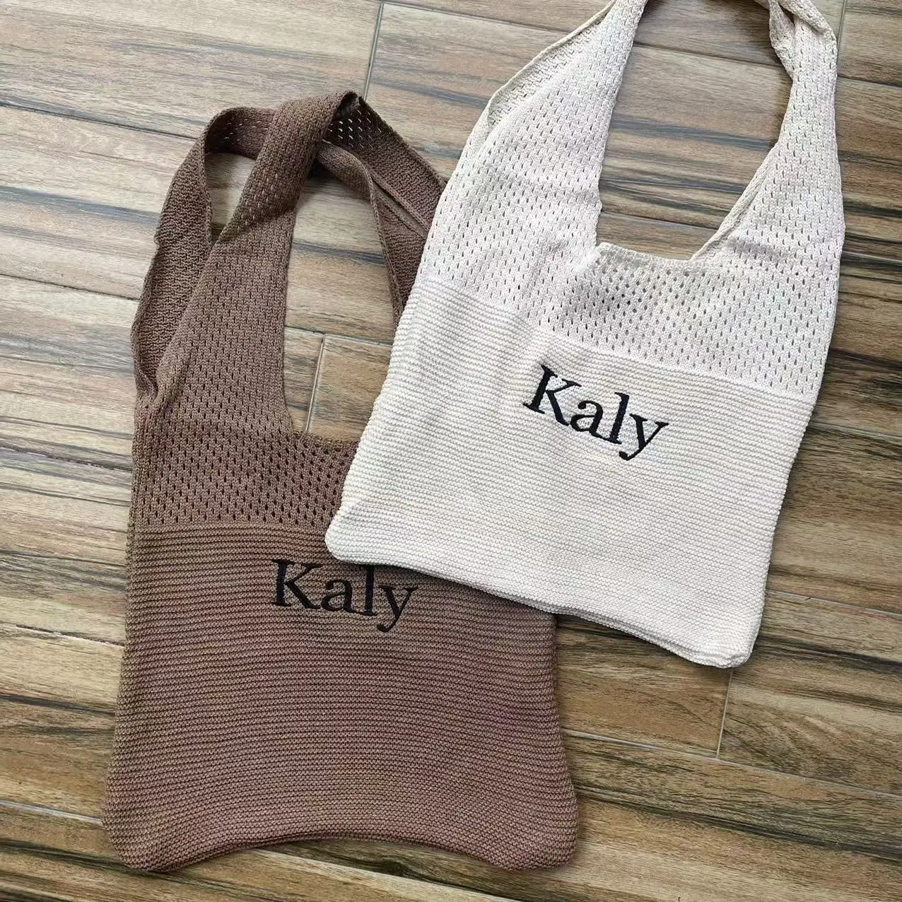 Personalized Name Knitted Fashion Simple Tote Bag Customized Retro Hollowed Out Shoulder Bag Women's Handbag Wool Shopping Bags