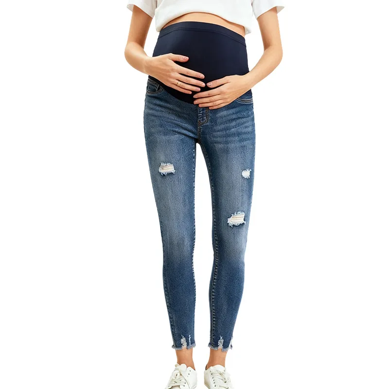 Young Maternity Jeans For Women Adjustable Waist Washed Blue Slim Pregnancy Belly Support Butt Lifting Skinny Denim Long Pants