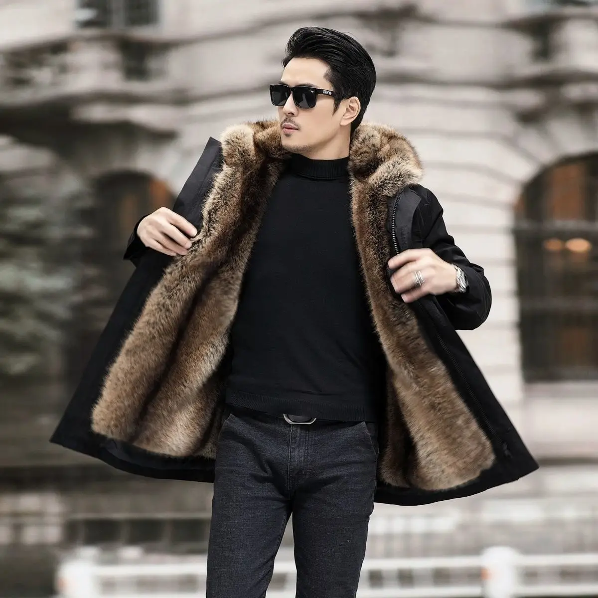 Winter Warm Coat Windproof Parker Men Waterproof Windbreaker Fur Lined Winter Thick Warm Faux Fur Coat Mid-length Jacket Parka