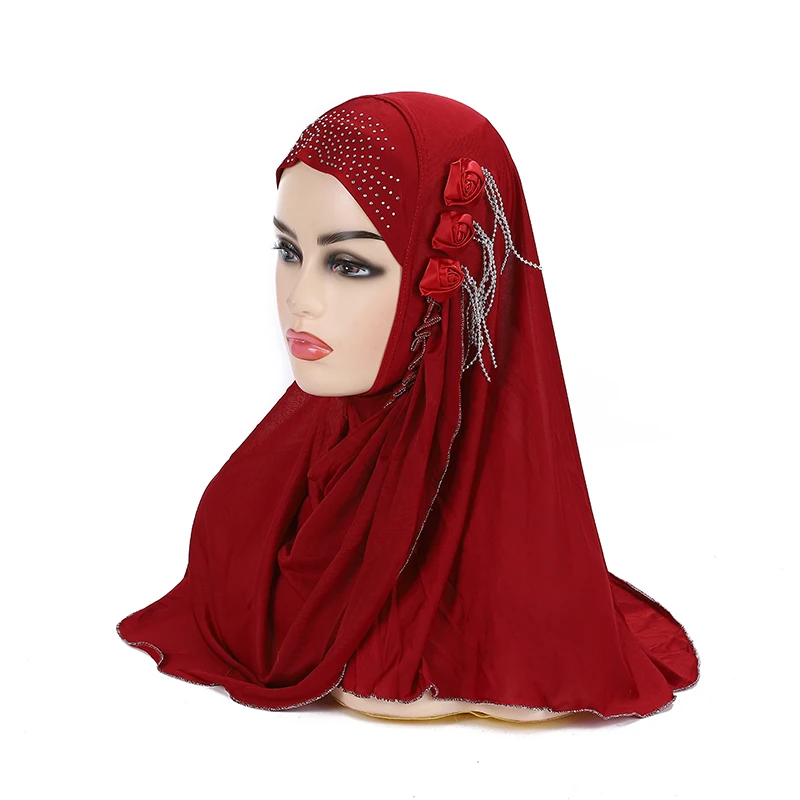 H357 beautiful big gilrs or adults muslim hijab with flowers islamic scarf shawl headscarf hat armia pull on wrap ramadan gift