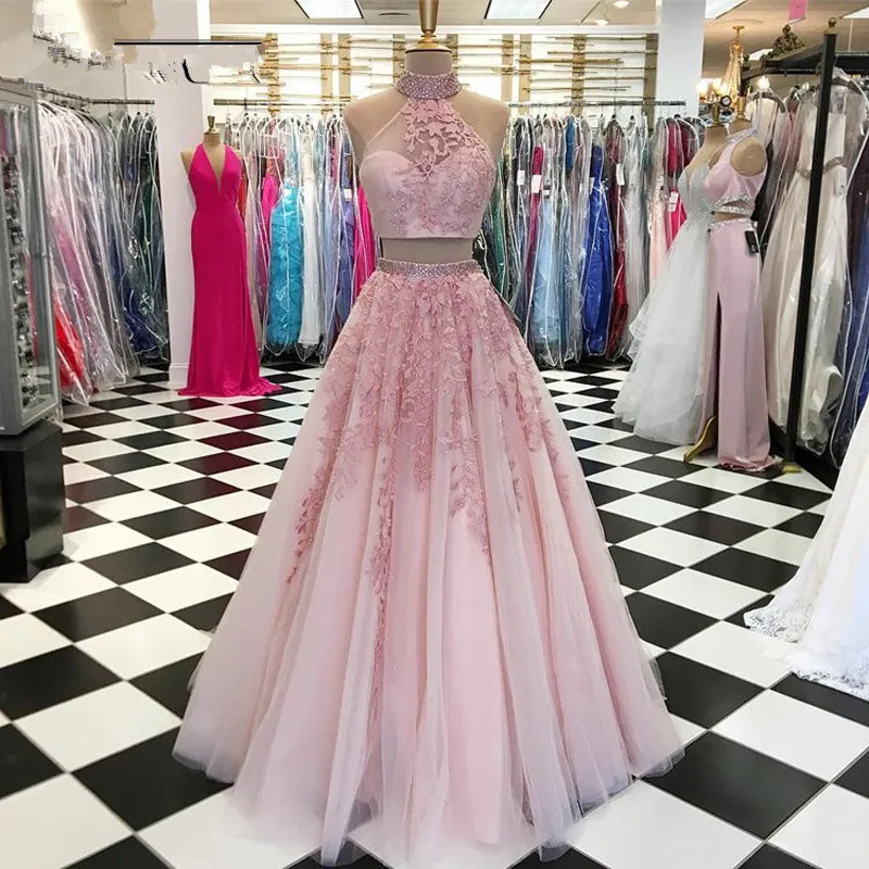 A Line Lace Pink Two Piece Prom Dresses Long Halter Neck Beaded Tulle Open Back Prom Gown Evening Dress 2023 robe de soiree