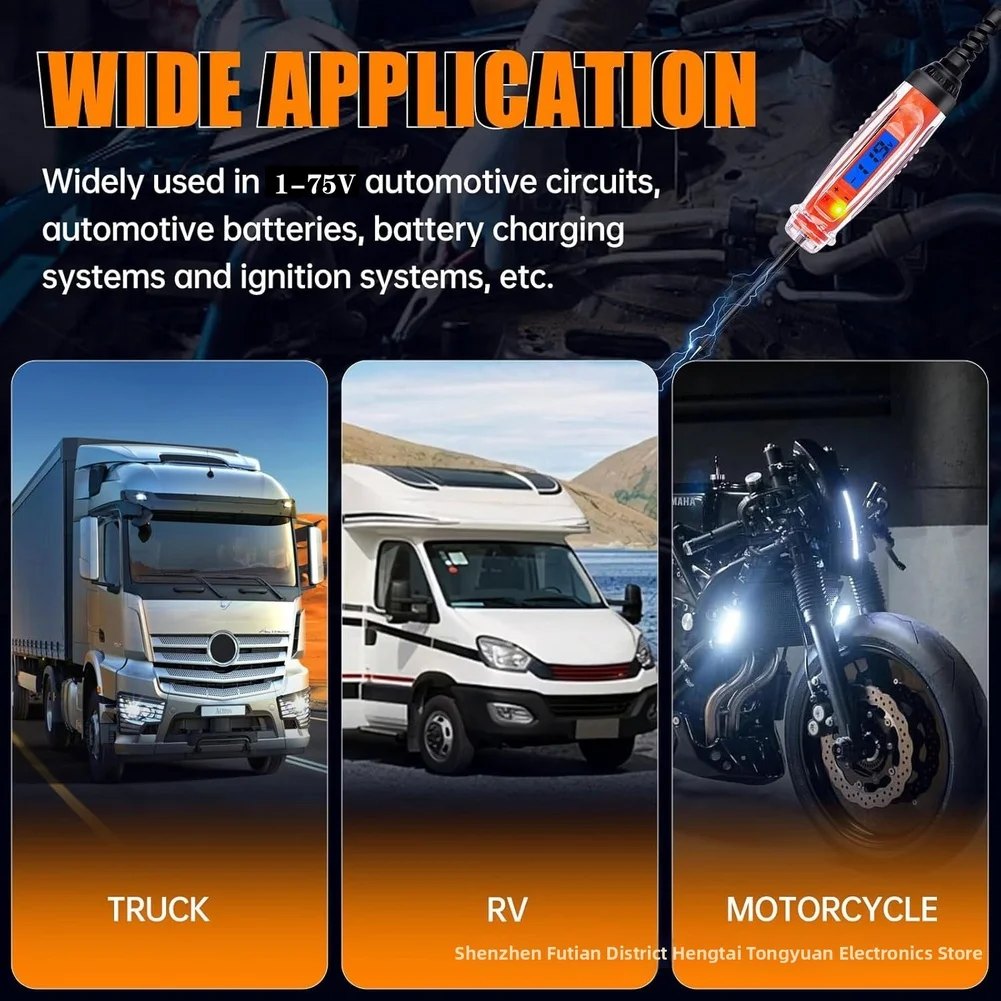 1V-75V Digital Circuit Tester for Automotive Use Featuring LCD Display LED Polarity Indicators and Low Light Visibility