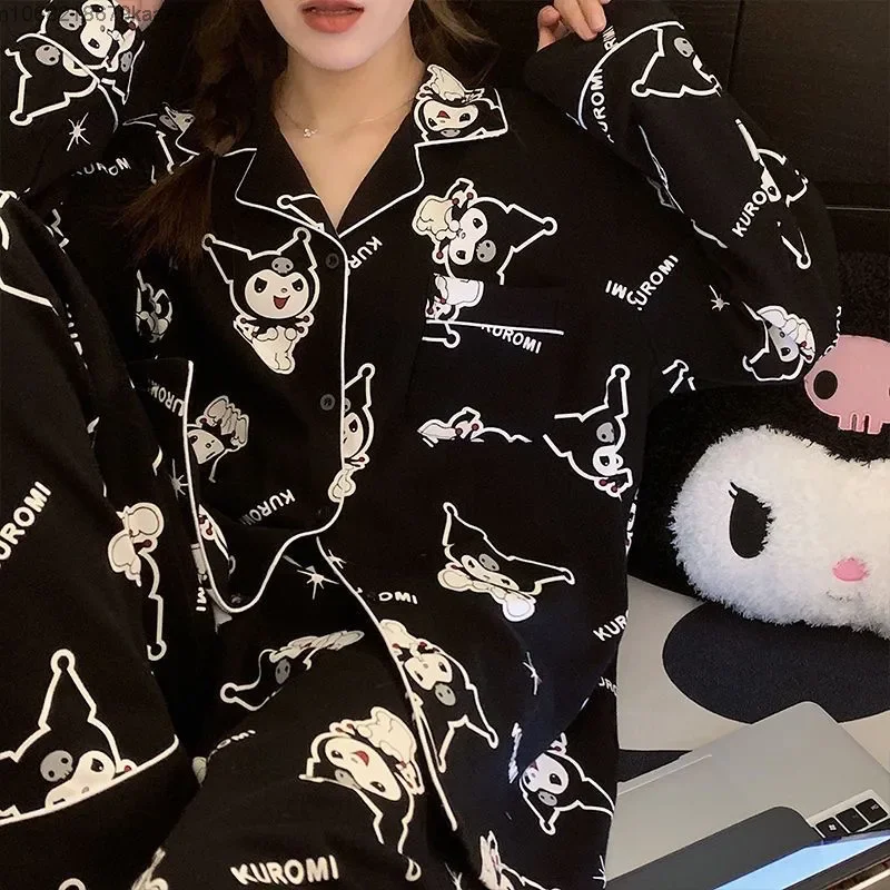 Sanrio Kuromi Cartoon Paar Pyjama Vrouwen Mannen Lente Herfst Katoenen Lange Mouw Top Shirt Broek 2 Delige Set Y 2K Nachtkleding Pak