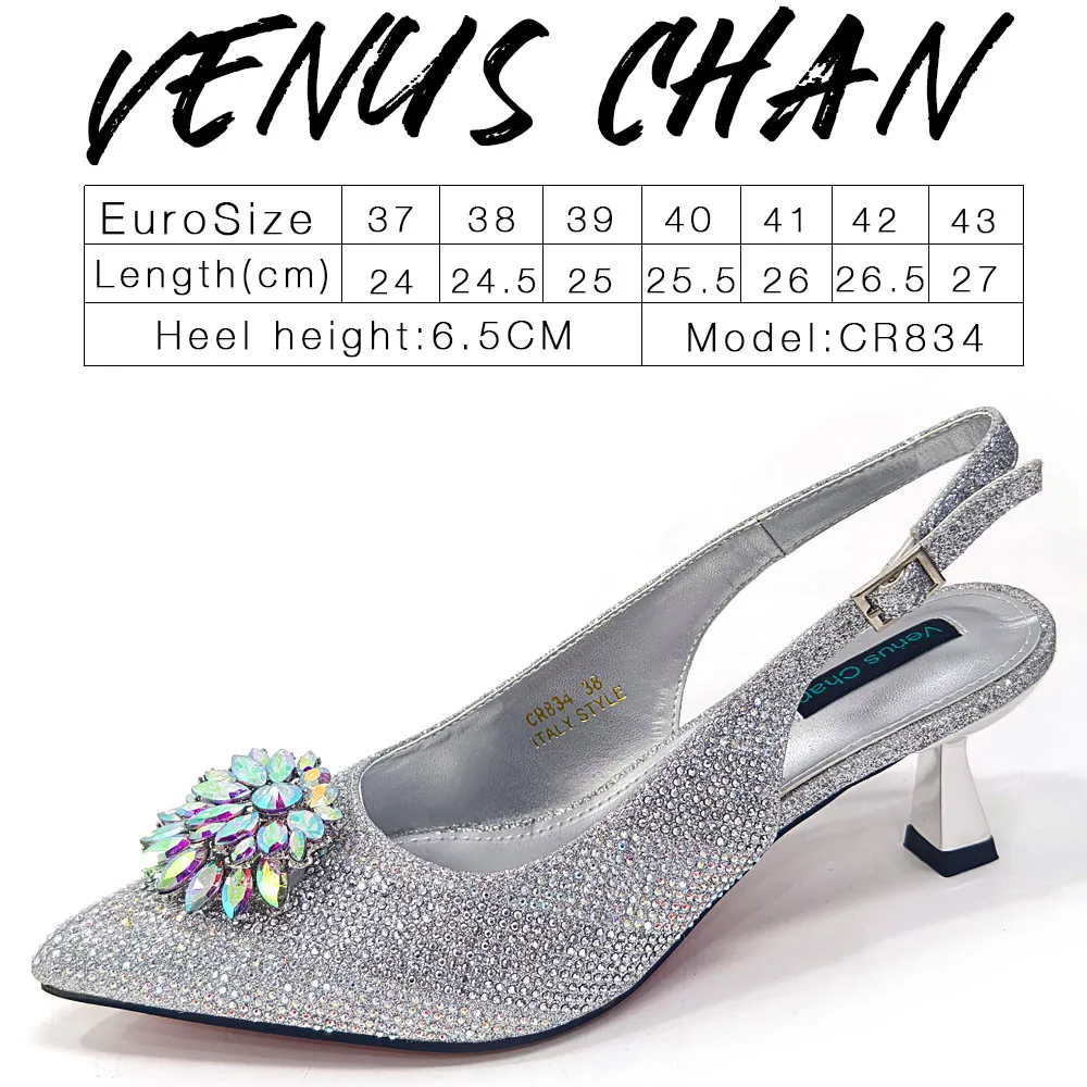 Venus Chan Italian Shoes and Bags Matching Set 2024 Silver Color Rhinestone Fashion High Heels for Women Pointed Toe Pumps