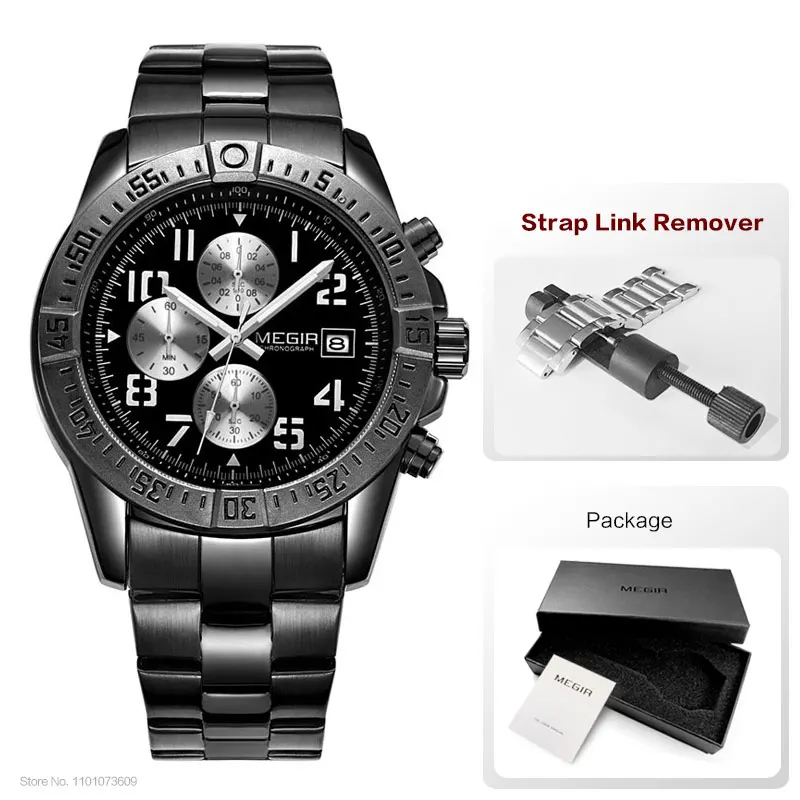 Megir Mens Chronograph Stainless Steel Quartz Watches Fashion Waterproof Luminous Round Dial Wristwatch for Man with Date M2030