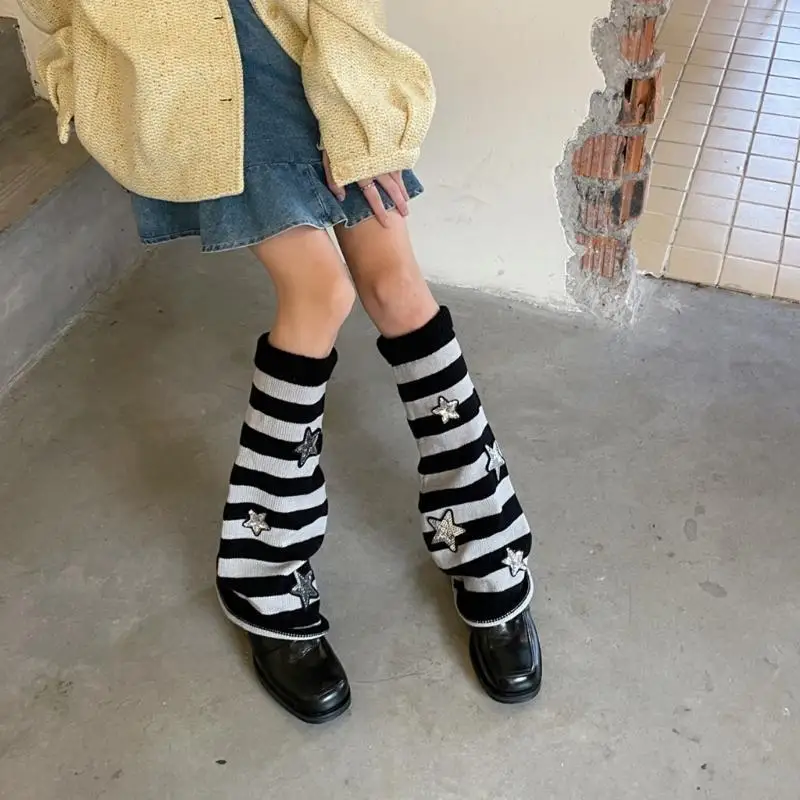L5YC Women Knitted Leg Warmers Harajuku Warm Foot Cover-Star Striped Leg Warmers
