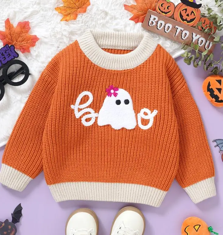 

Baby Halloween Sweaters Long Sleeve Round Neck Ghost Letter Embroidery Knit Tops Toddler Sweatshirts